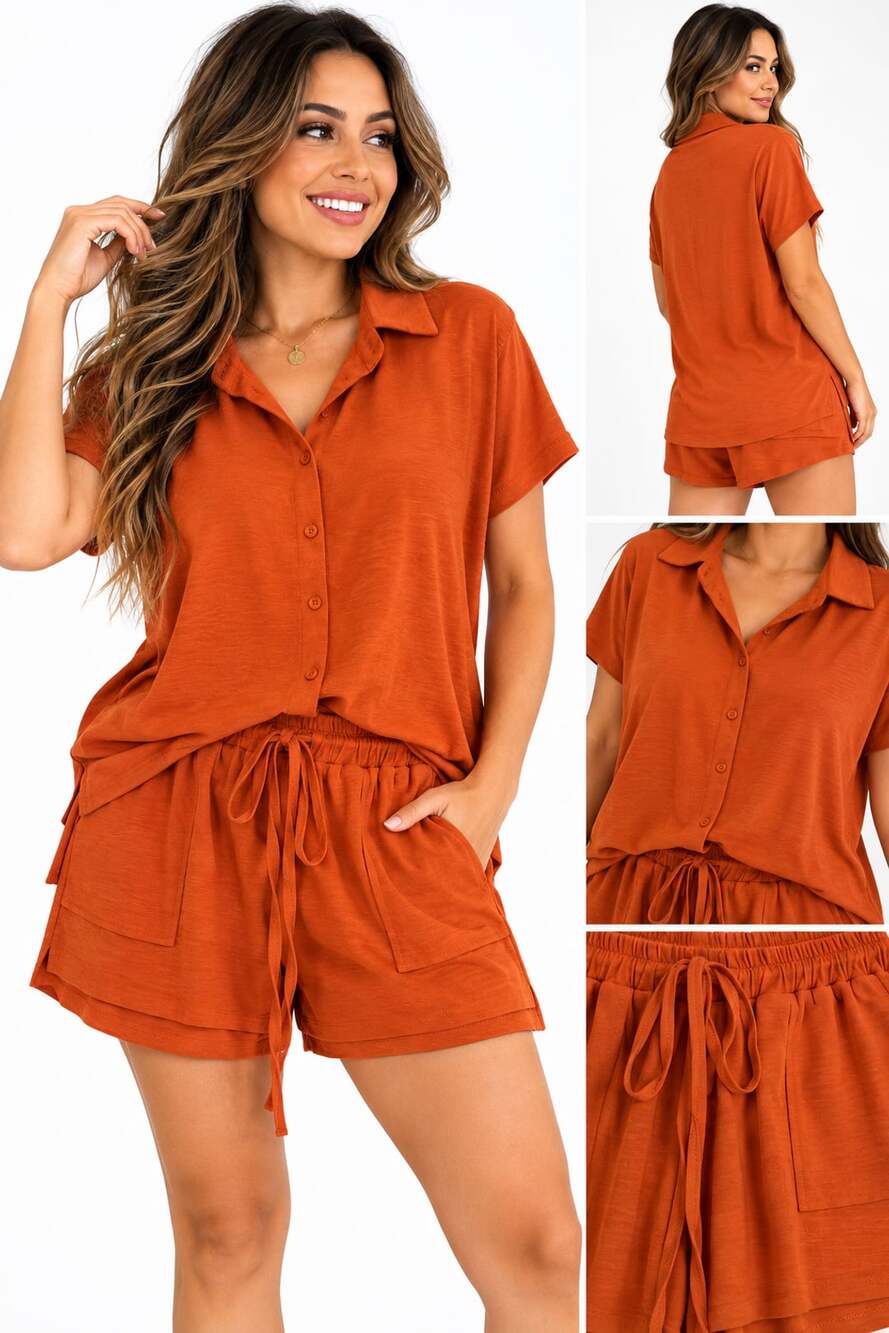 Women's Rust Orange 2 Piece Button Up Shirt & Shorts Matching Set Size M